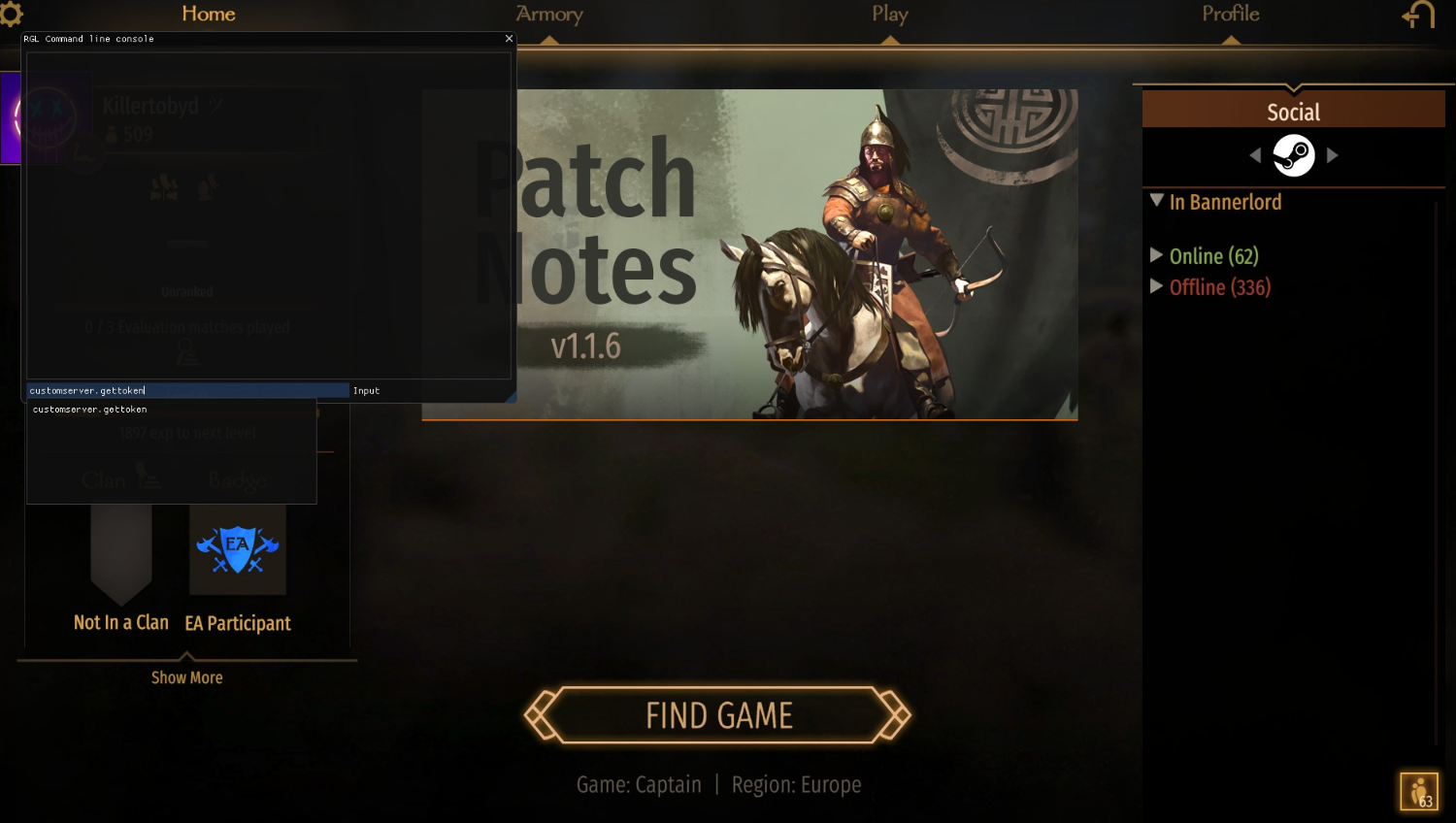 In the console that appears, type in customserver.gettoken and press Enter