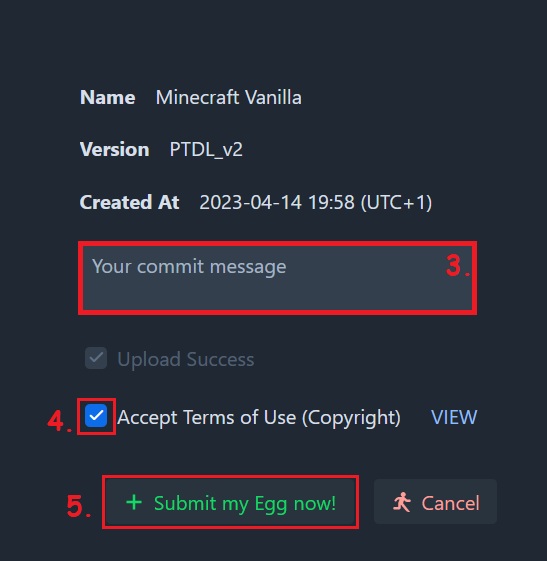 Commit message, confirmation checkbox and submit button