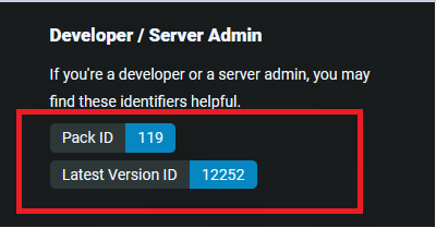 Take note of the Pack Version ID and the Modpack Version ID for the selected modpack Take note of the Pack Version ID and the Modpack Version ID for the selected modpack