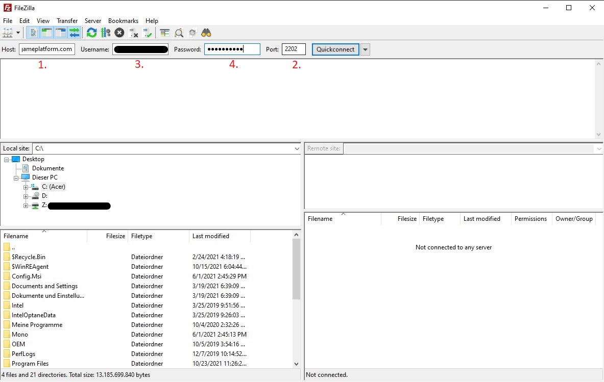 Enter Host, Port & Username in the FTP-Client
