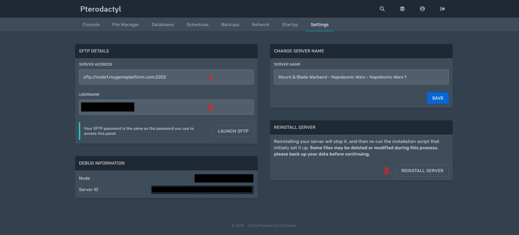 Settings tab with SFTP address, username and the reinstall option