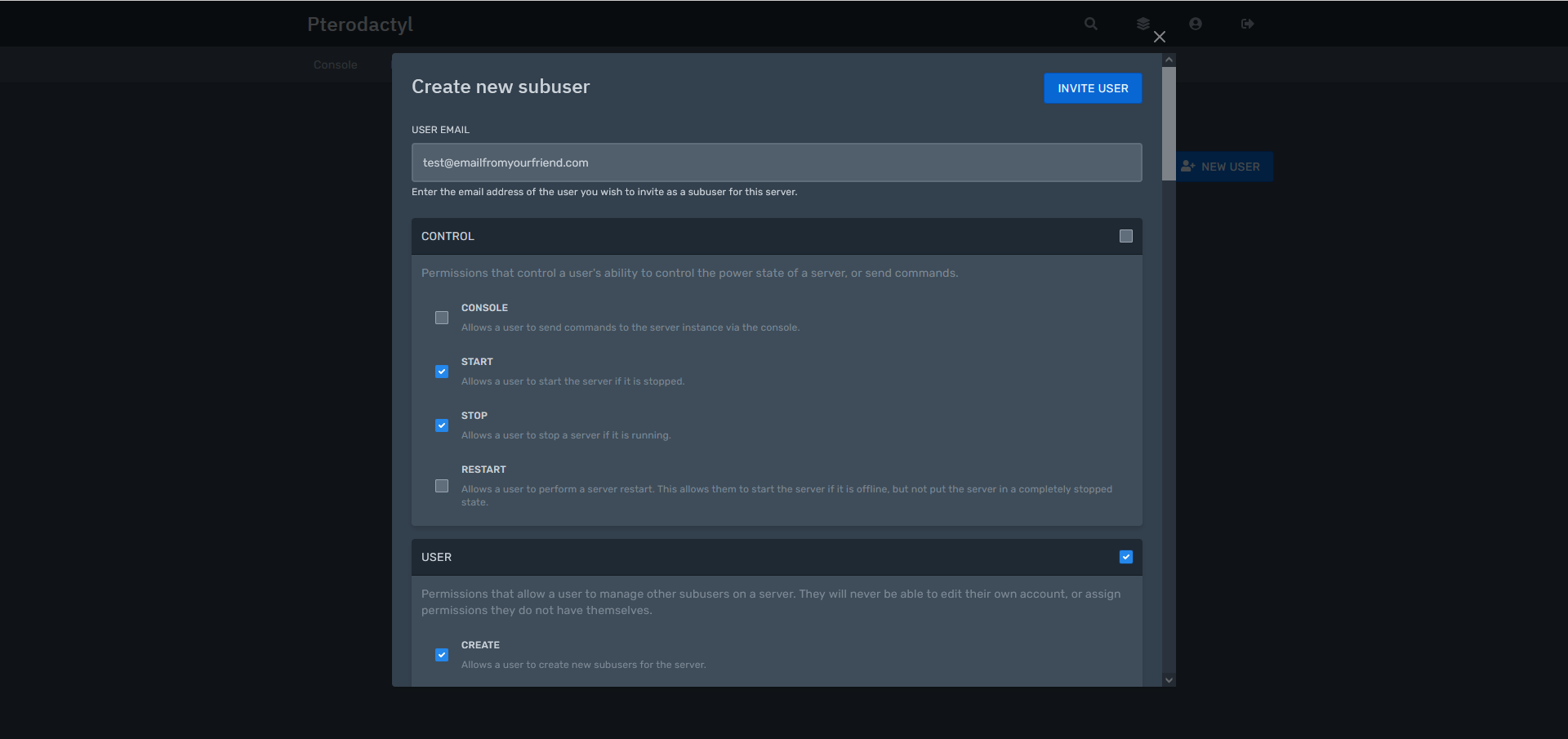 Enter the (registered) email of the user above and put a check mark at the things the user is allowed to do