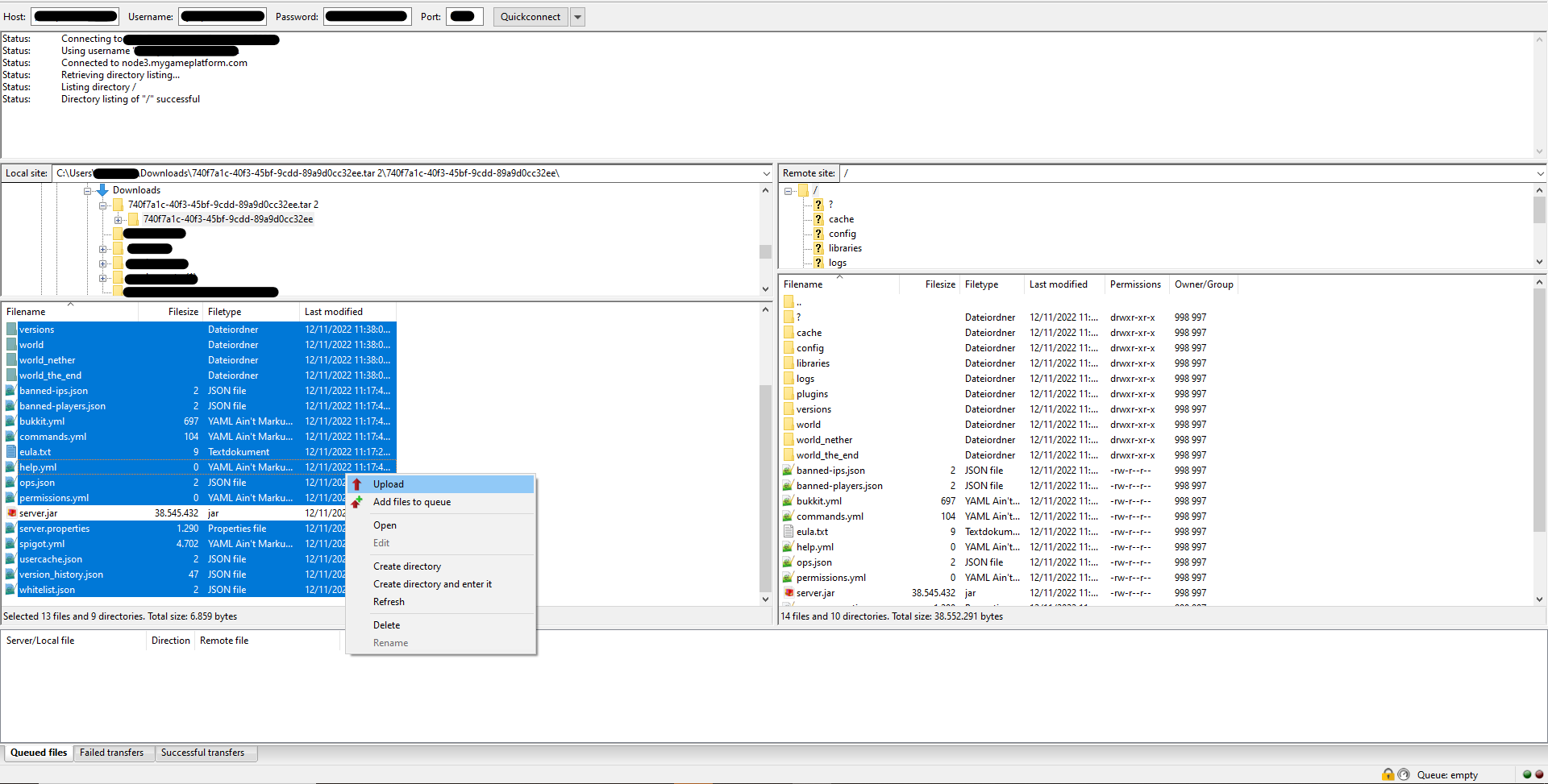 Connect your FTP-Client to your Minecraft Server, select all necessary Files (not the server.jar!) and… Connect your FTP-Client to your Minecraft Server, select all necessary Files (not the server.jar!) and…