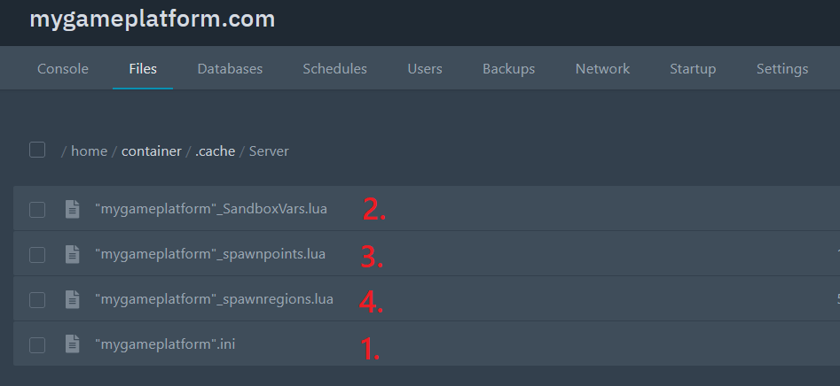 The four Project Zomboid configuration files on the server The four Project Zomboid configuration files on the server