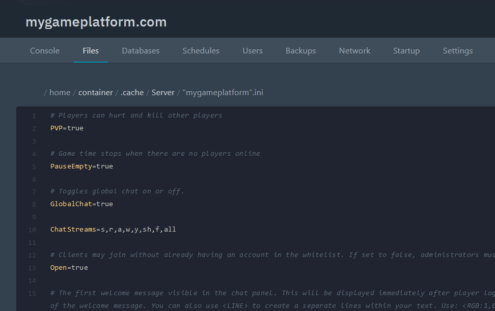 Server .ini file opened in the file editor Server .ini file opened in the file editor