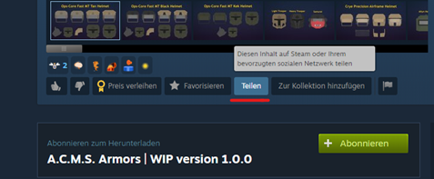 Now go to the workshop and click on the Share button for the mod you want to add Now go to the workshop and click on the Share button for the mod you want to add